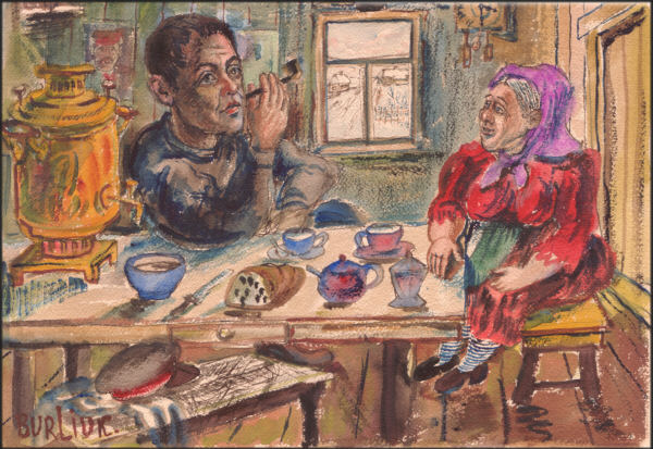 David Burliuk - Tea Time - original water color painting