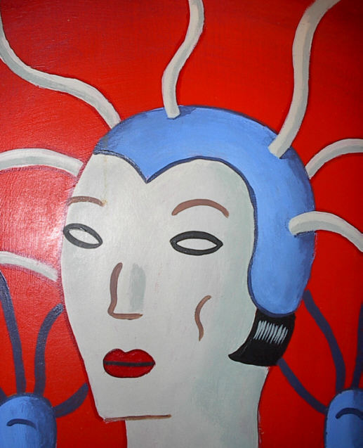 Gary Baseman original acrylic on wood, 2 paintings from Modular Populous, detail view 1